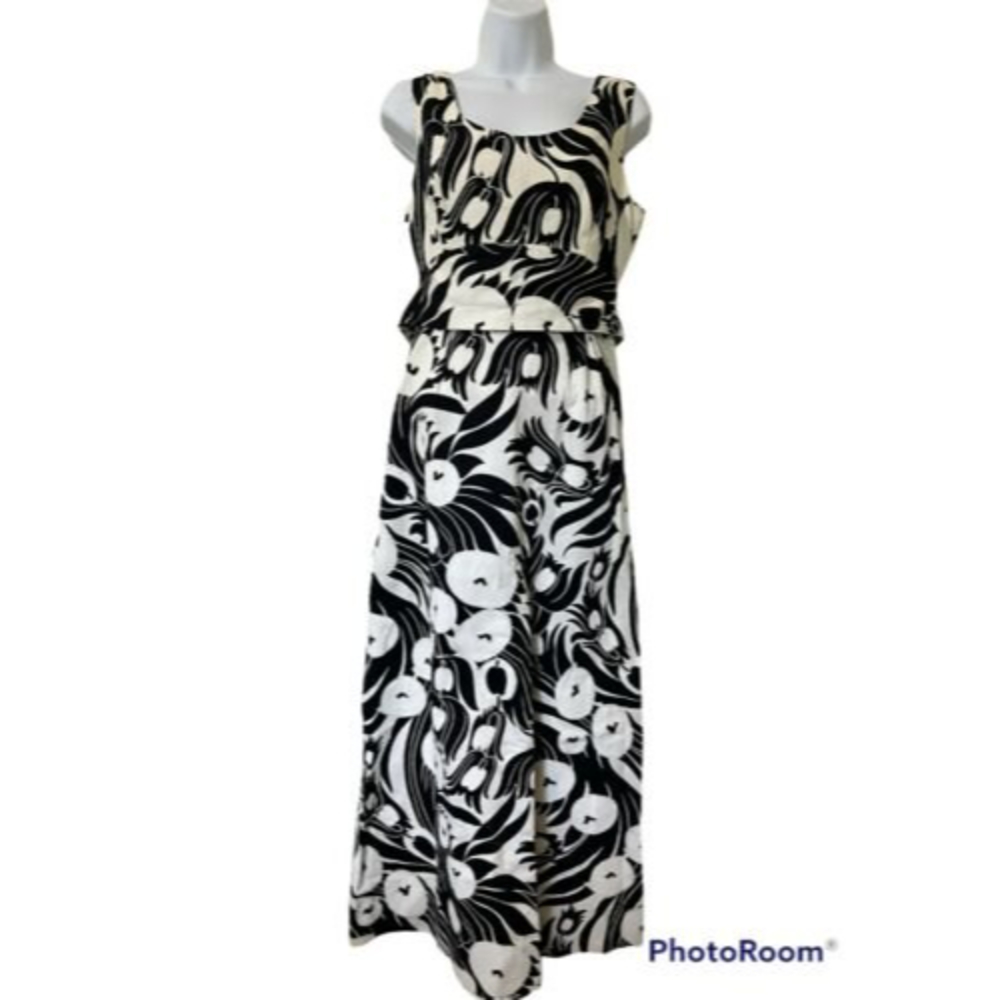 Lee Stevens of Miami Vintage 70s Maxi Dress Hawaiian Black White Boho MCM